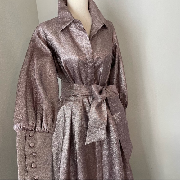 Teri Jon Metallic Jacquard Shirt Dress Event Glown Maxi Long Sleeves Size 12 - Picture 5 of 16